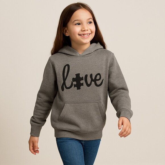 None Other - Love Puzzle Piece Graphic Hoodie Sweatshirt Gray Black Girls Small 7-8